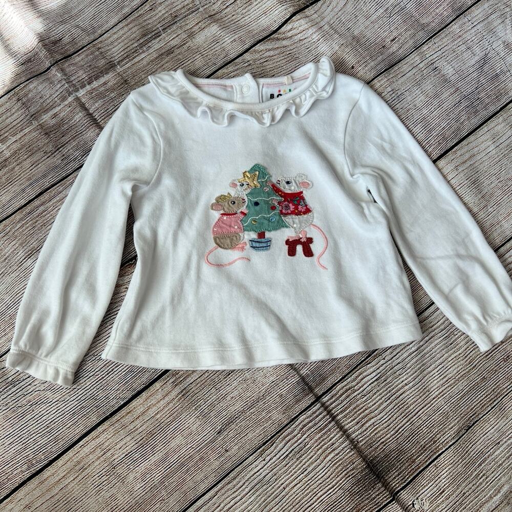 Baby Boden Chirstmas Mouse Appliqué Ruffle Collar Long Sleeves Shirt (9-12M)